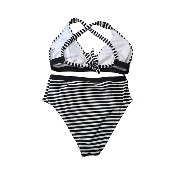 Striped Ribbed Bikini Highrise Bottoms & Crossback Halter Top Size S NWOT - Picture 4 of 7